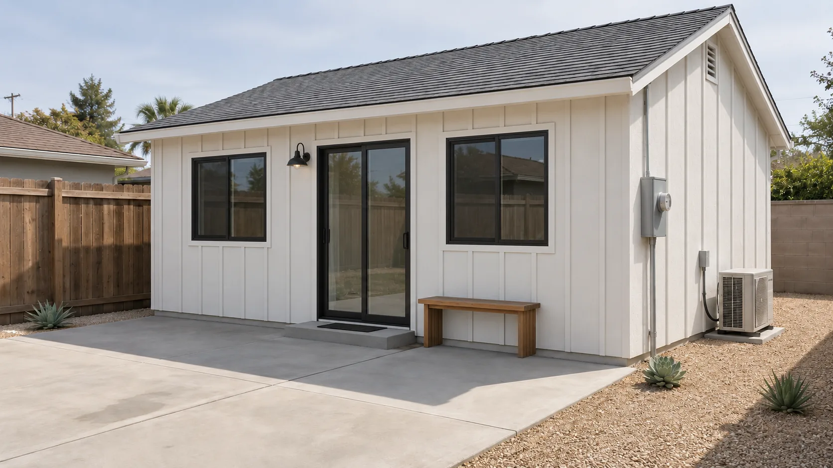 Concept: a detached board-and-batten ADU with a glass door and a bench, in a gravel back yard with a wood fence.