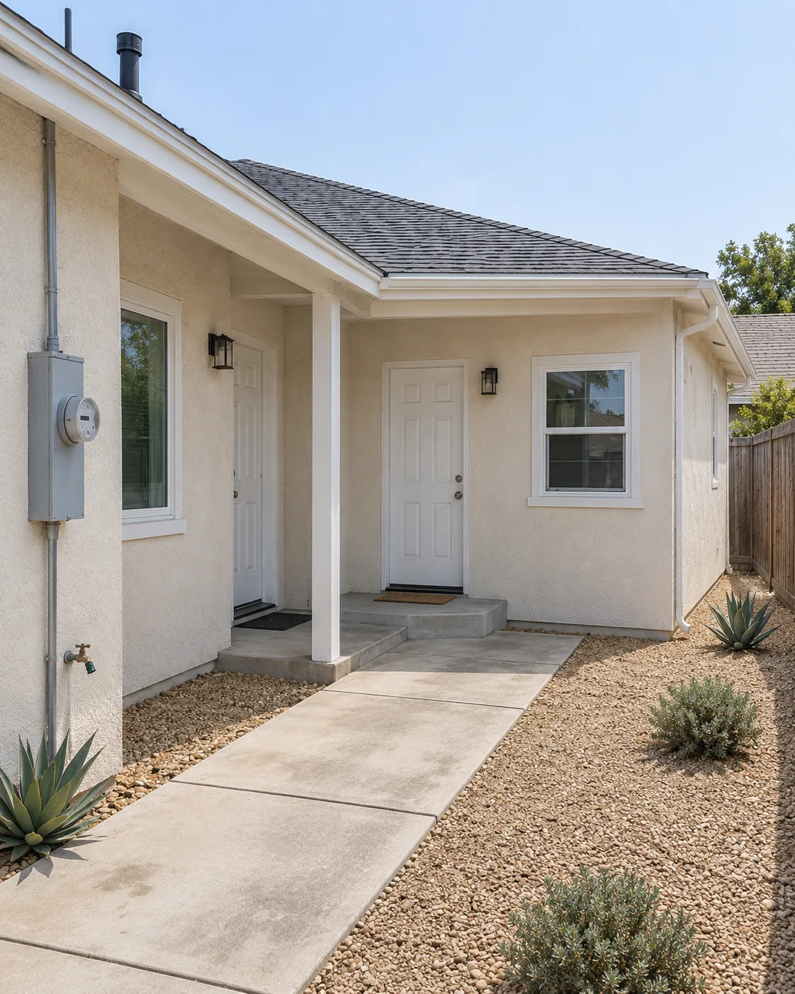Concept: a single-story stucco house with an attached unit that has its own entry door and a concrete path.