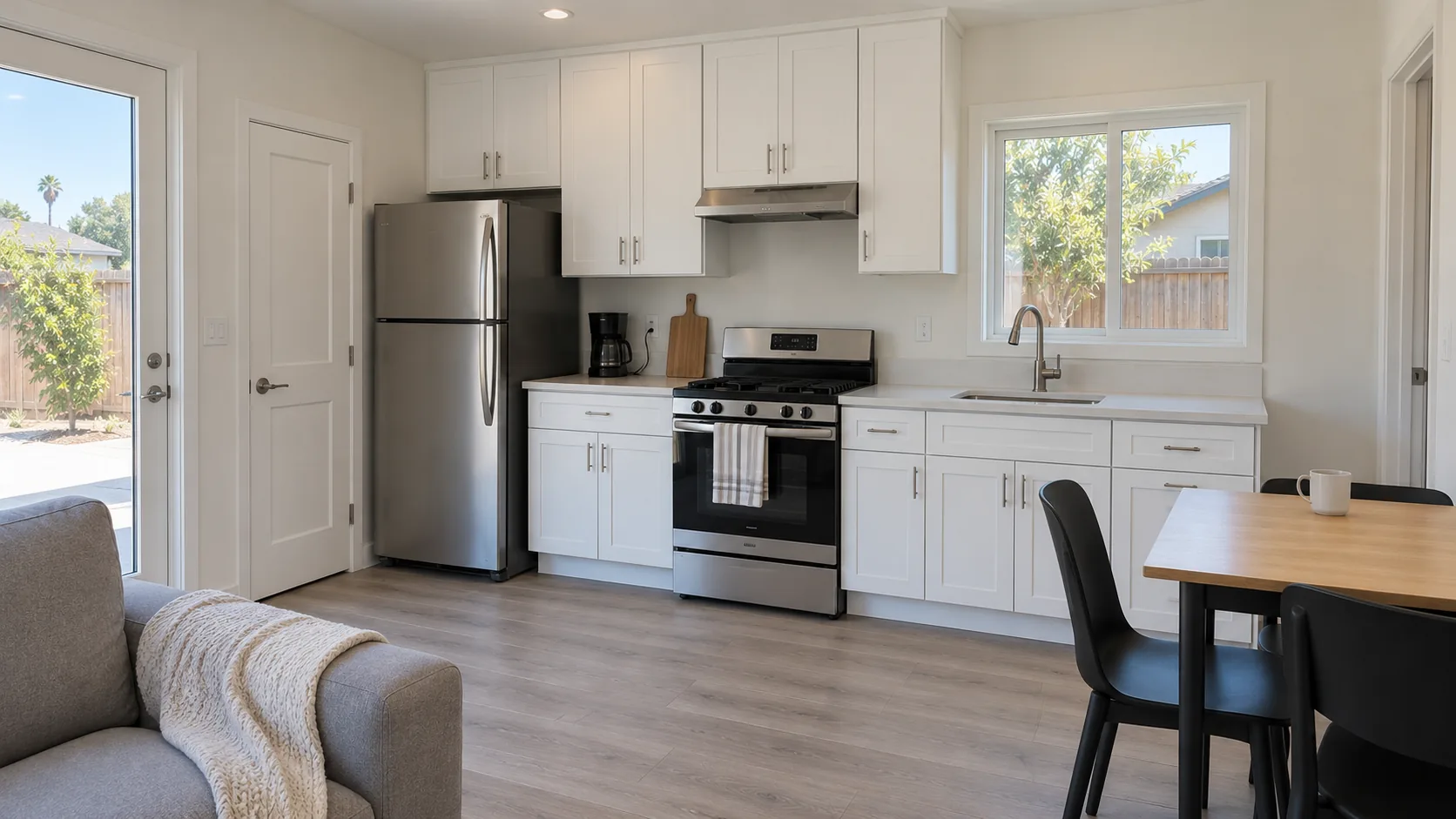 Concept: an ADU kitchen with white shaker cabinets, a stainless range and fridge, a small dining table and a gray sofa.