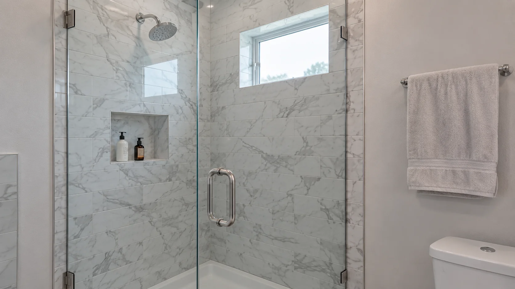 Concept: glass-enclosed shower with pale marble-look tile, chrome fixtures and natural daylight.