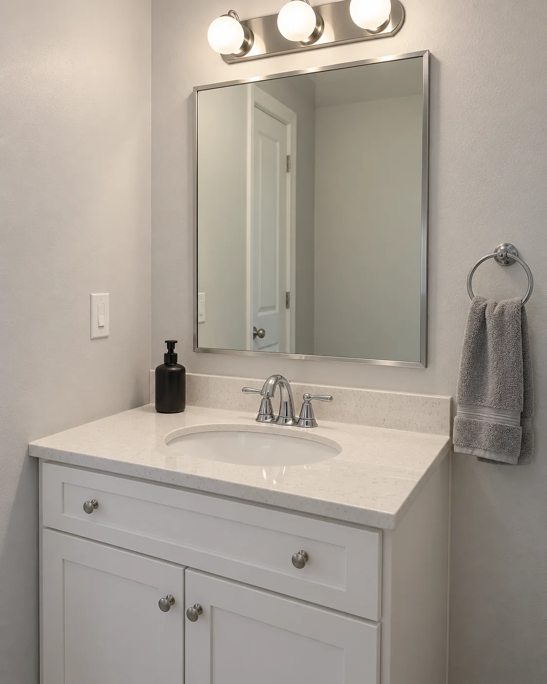Concept: a white bathroom vanity with a mirror, a towel ring and a light counter.