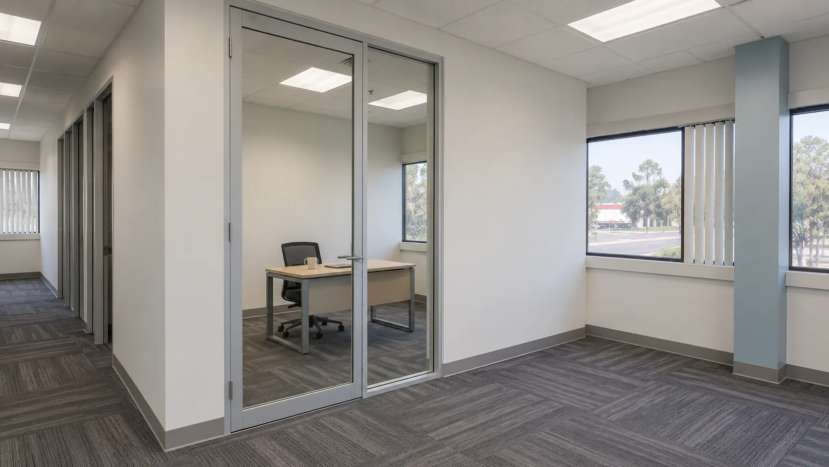 Concept image: the office finished, with a glass door, a ceiling grid and carpet tile.