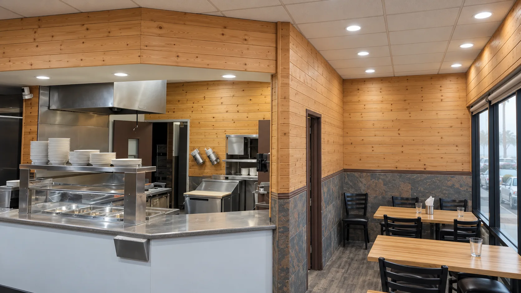 Concept image: a restaurant buildout with pine walls, a stainless steel pass and dining tables.
