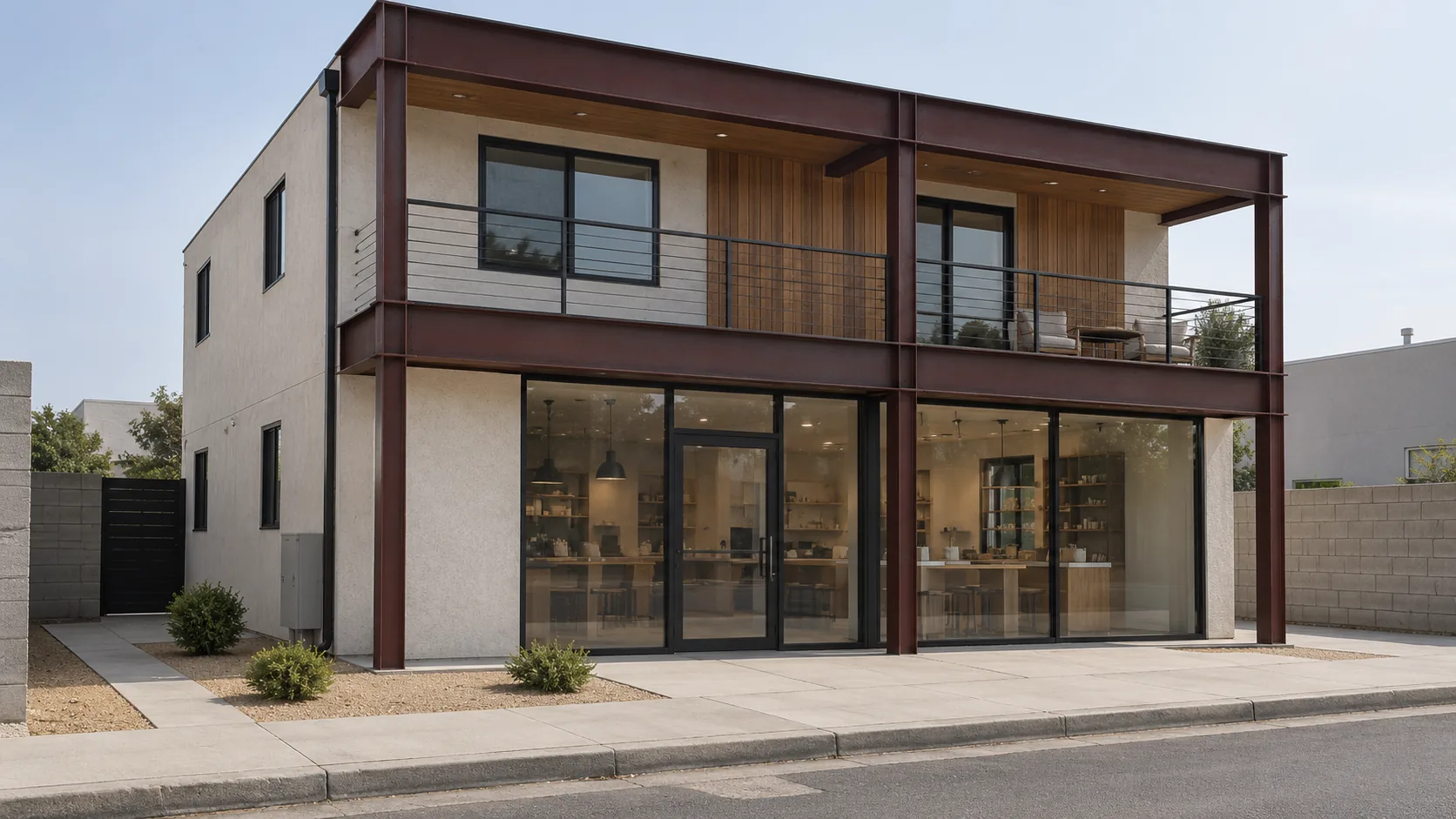 Concept image: a two-story mixed-use building with an exposed steel frame and a glass storefront.