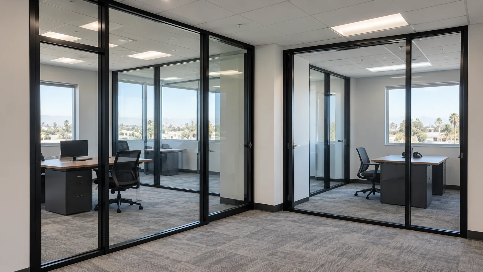 Concept: an office tenant improvement with black-framed glass partitions, carpet tile, desks and windows over the city.
