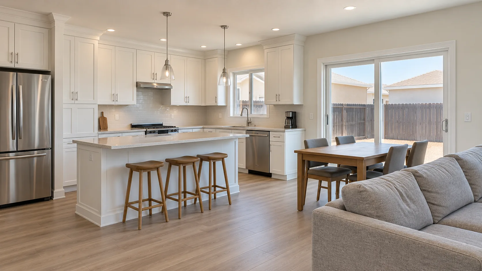 Concept: an open kitchen and living area with white shaker cabinets, an island with three wood stools, a dining table and a gray sofa by a sliding door.