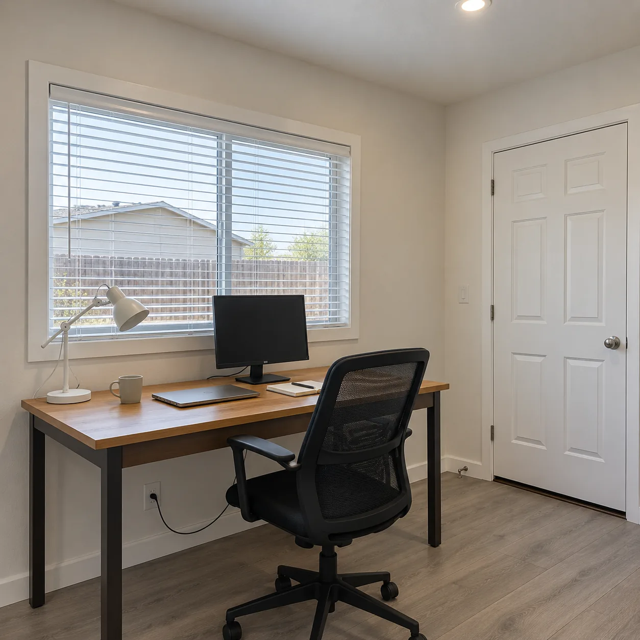 Concept image: a desk with a monitor under a window, with a white door beside it.