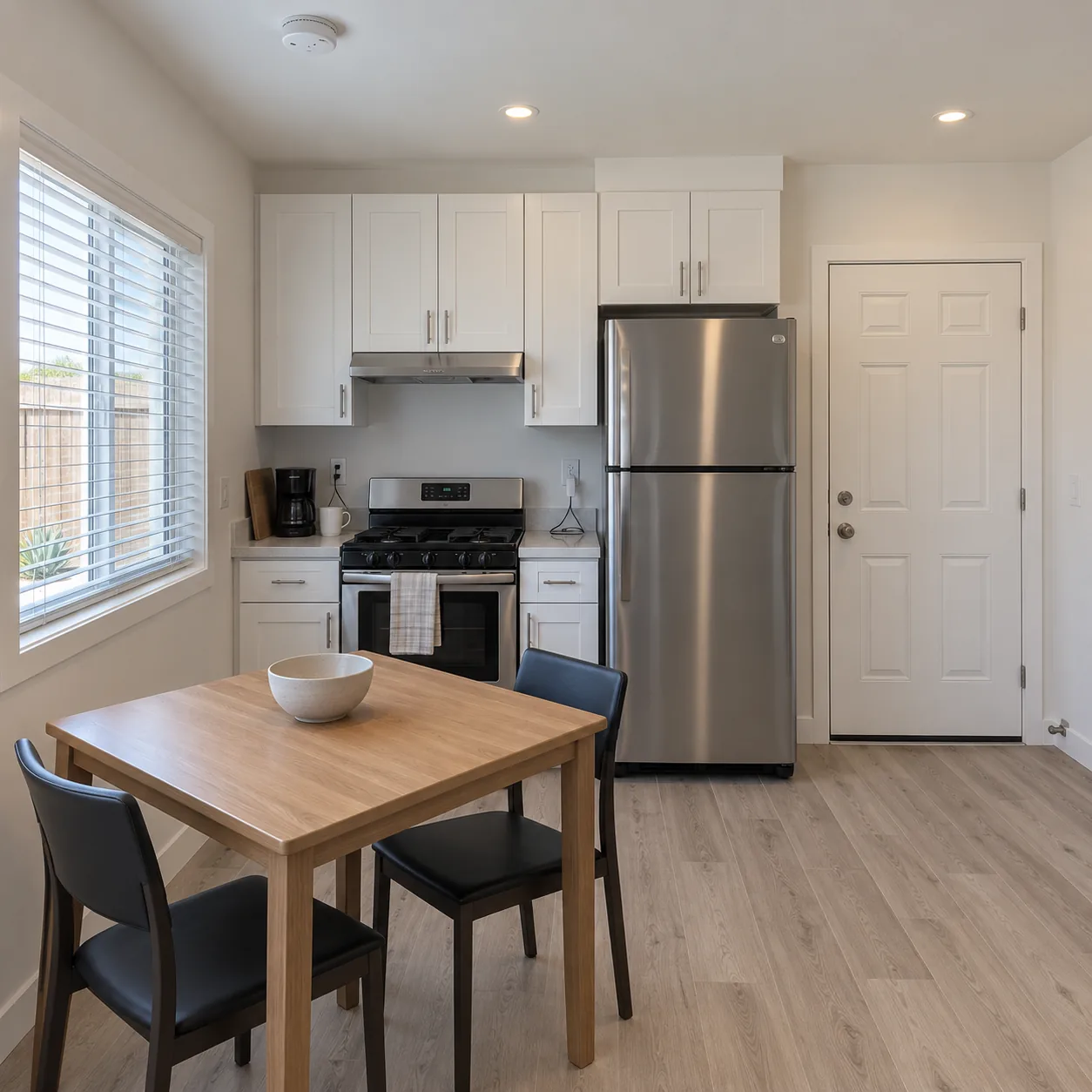 Concept image: a small kitchen with white cabinets and a table for two.