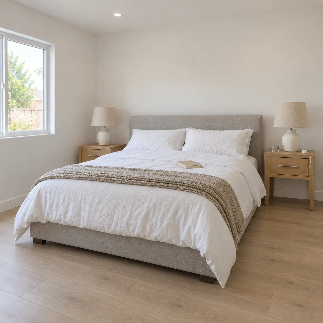 Concept image: the ADU bedroom with a queen bed, two oak nightstands and a window.