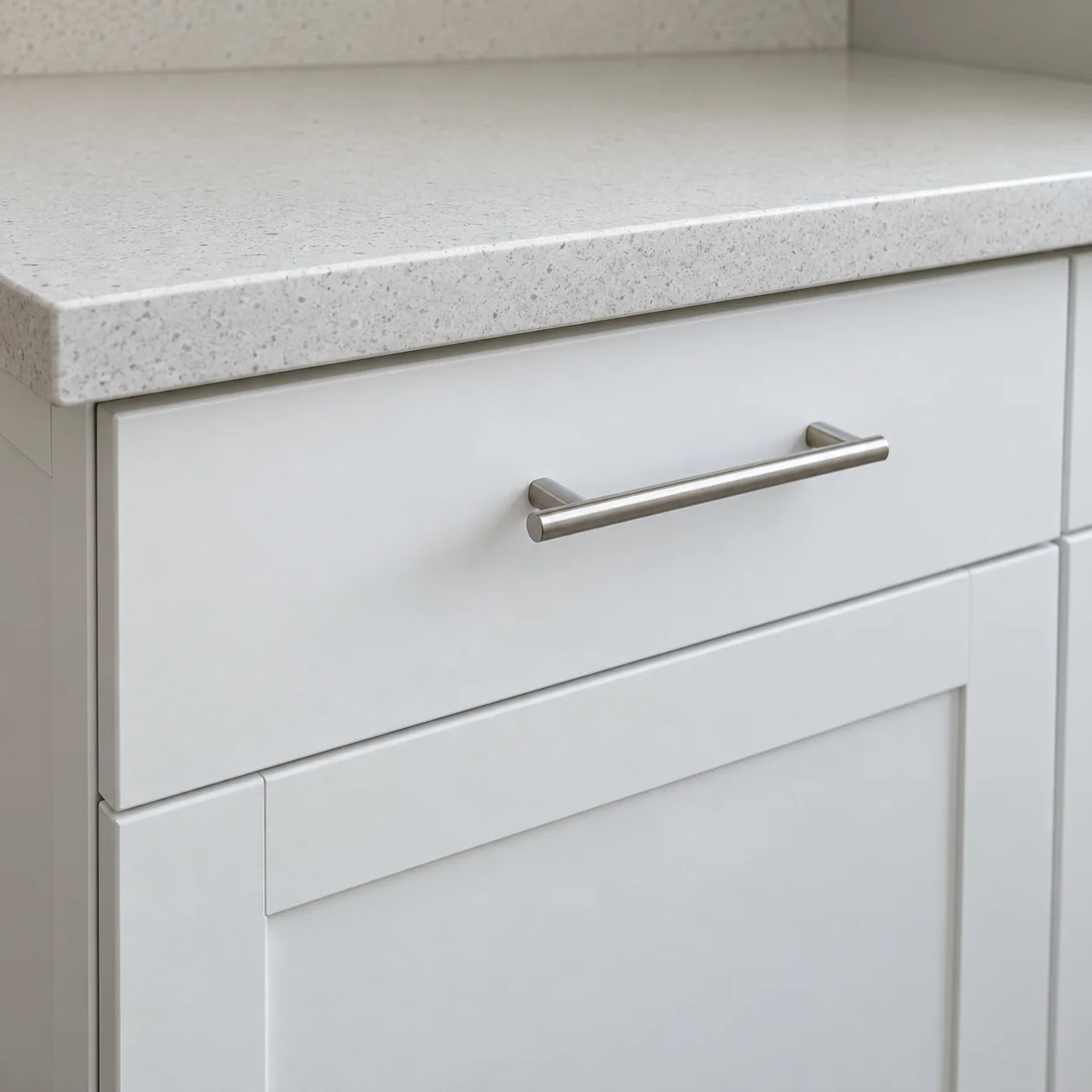 Concept: white shaker cabinet detail with a satin-finish handle beneath a pale countertop.