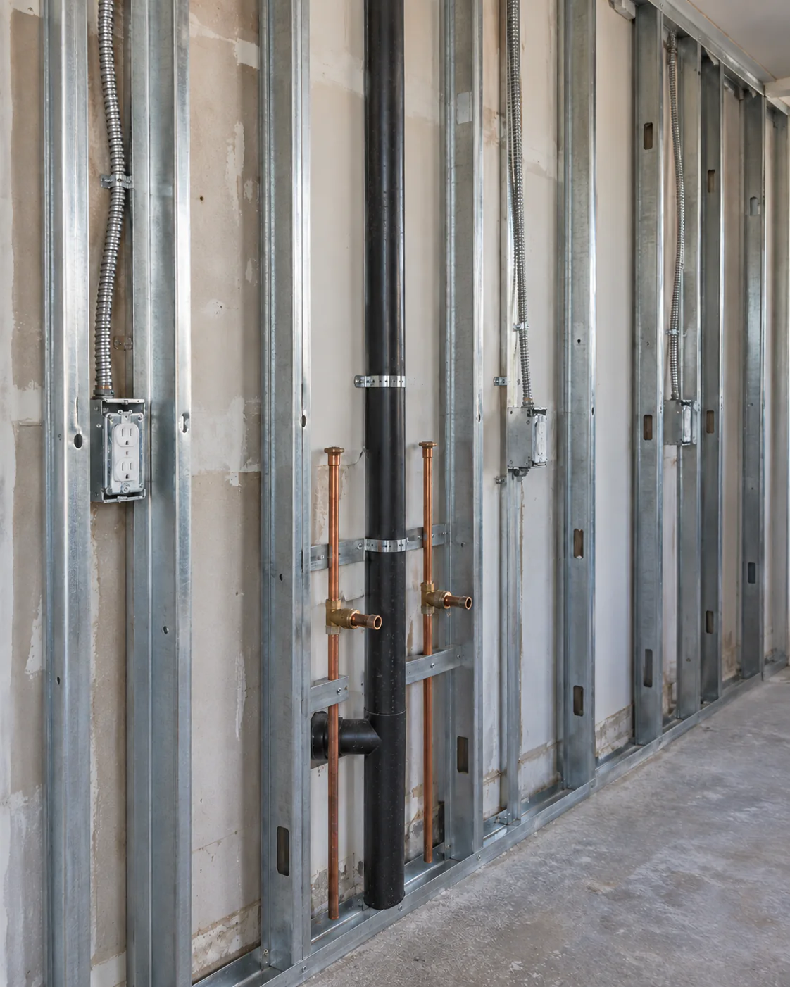 Concept: exposed kitchen wall framing with electrical boxes, copper water lines and a black drain pipe continuing to the base.