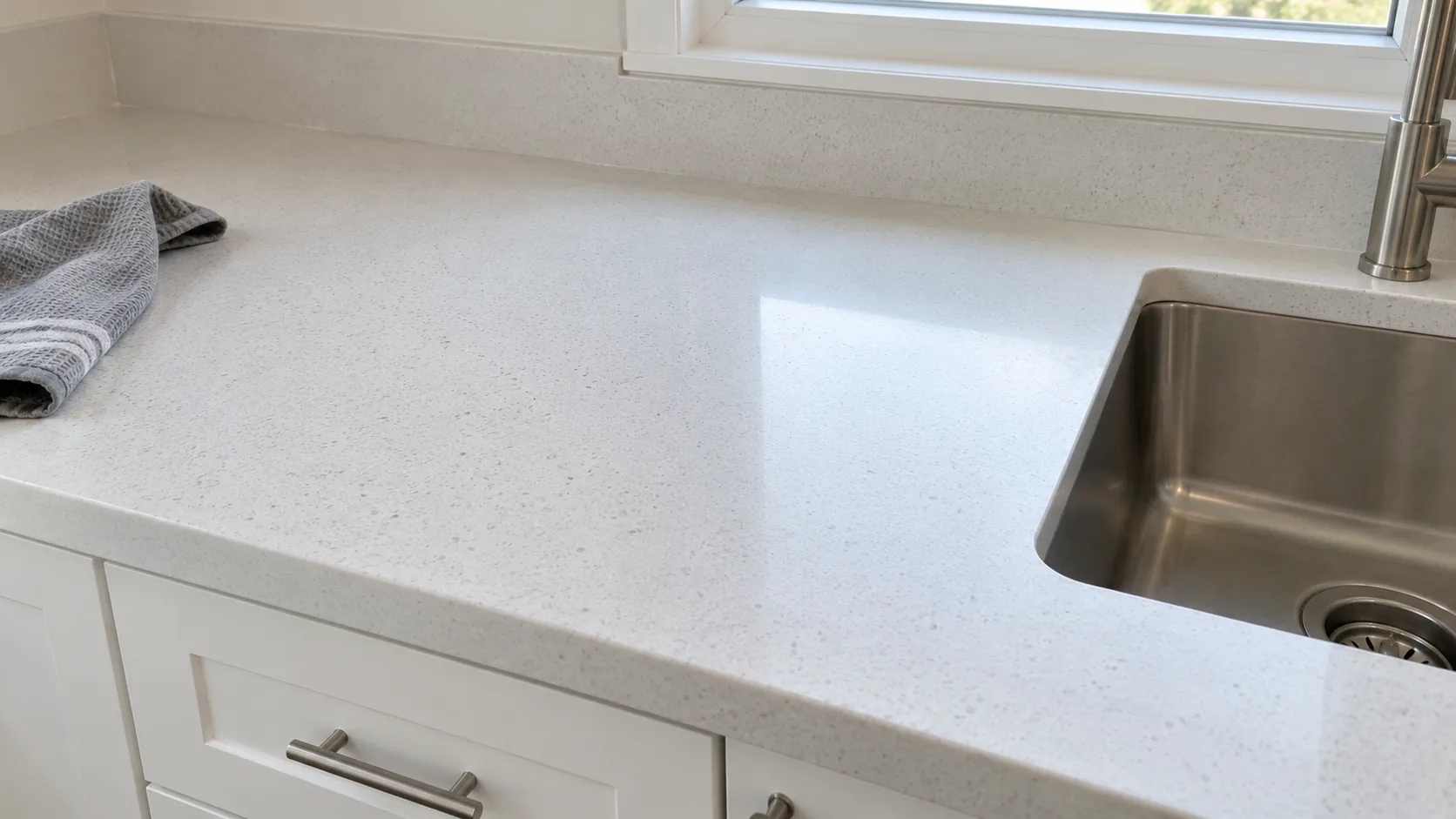 Concept of a light kitchen counter with a stainless steel sink edge, white cabinets and a gray dish towel.