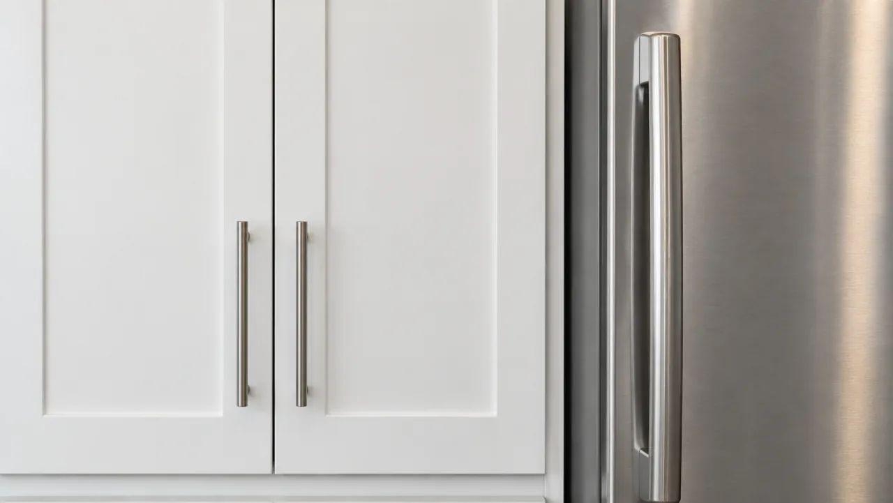 Concept: white shaker cabinet fronts beside a stainless steel refrigerator.