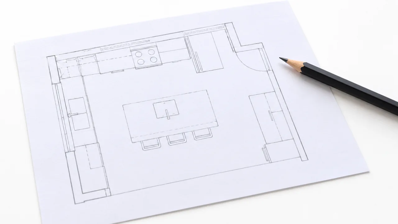 Concept: a kitchen plan on white paper with a graphite pencil.