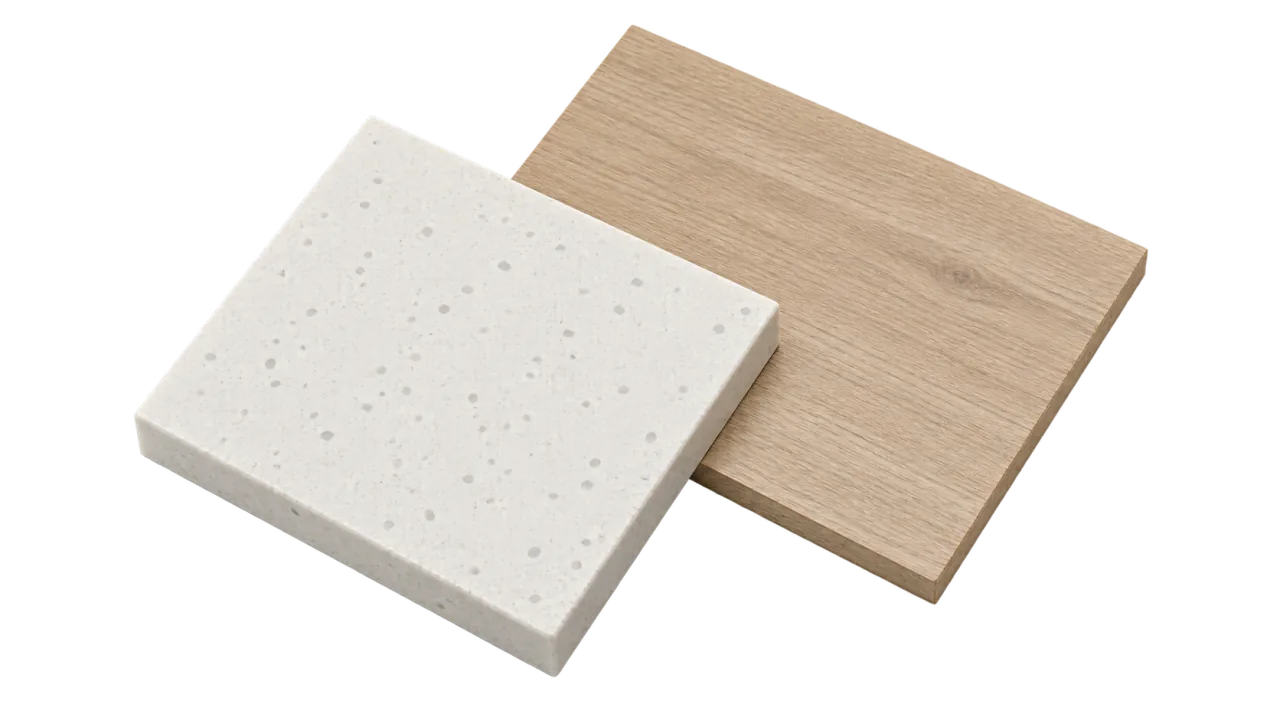 Concept: overlapping pale quartz and light wood surface samples.
