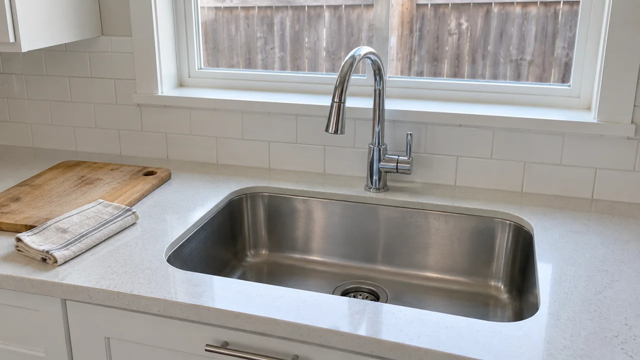 Concept: stainless steel kitchen sink with a chrome faucet, pale countertop and wooden cutting board.