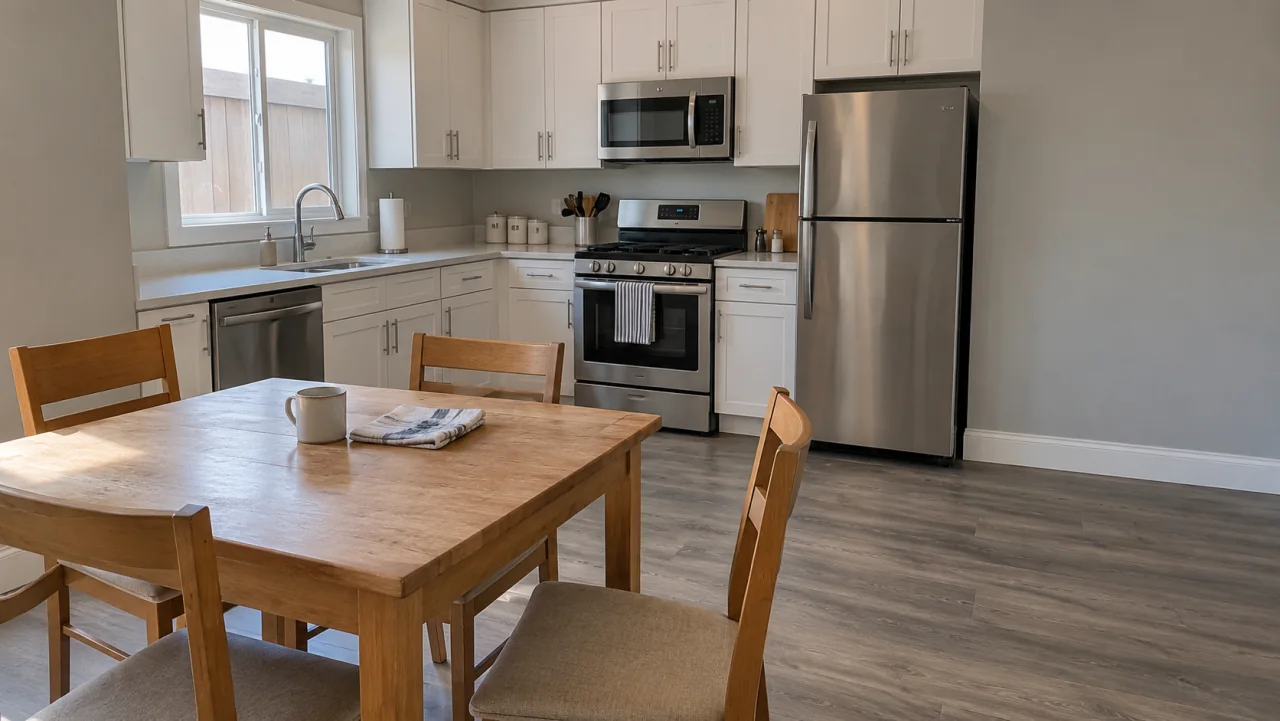 Concept: an everyday kitchen with white cabinets, a pale counter and stainless appliances.