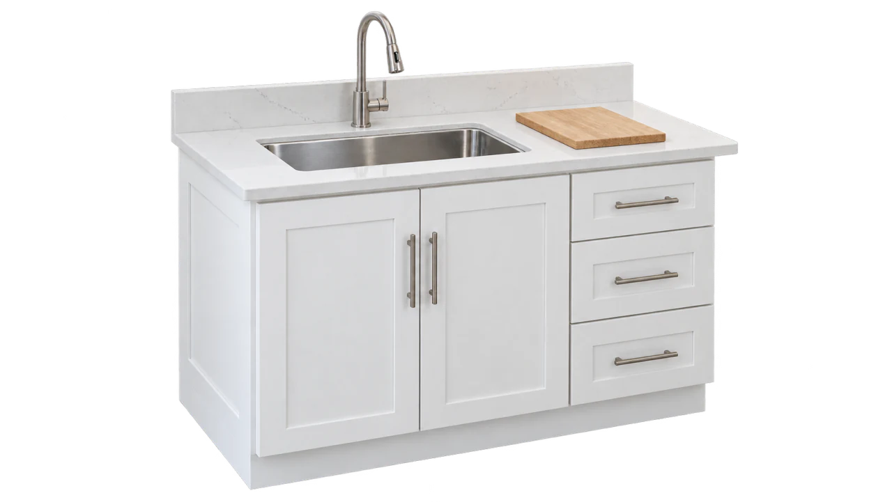 Concept: white base cabinet with a stainless sink, curved faucet and pale countertop.