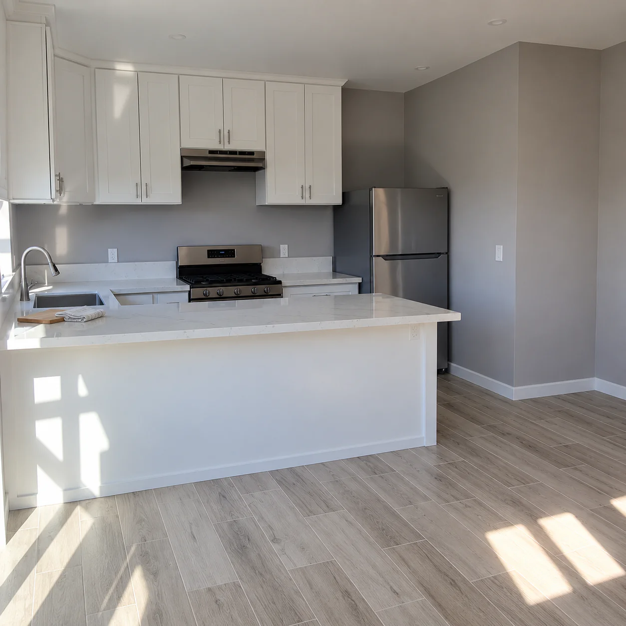 Concept: everyday kitchen with white cabinets, pale counters, a peninsula and a stainless refrigerator in natural daylight.