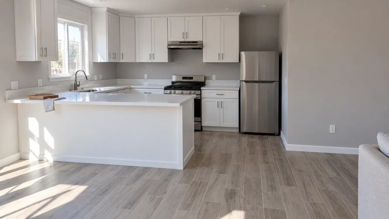 Concept of a small white kitchen with a clear walking path beside the living area.