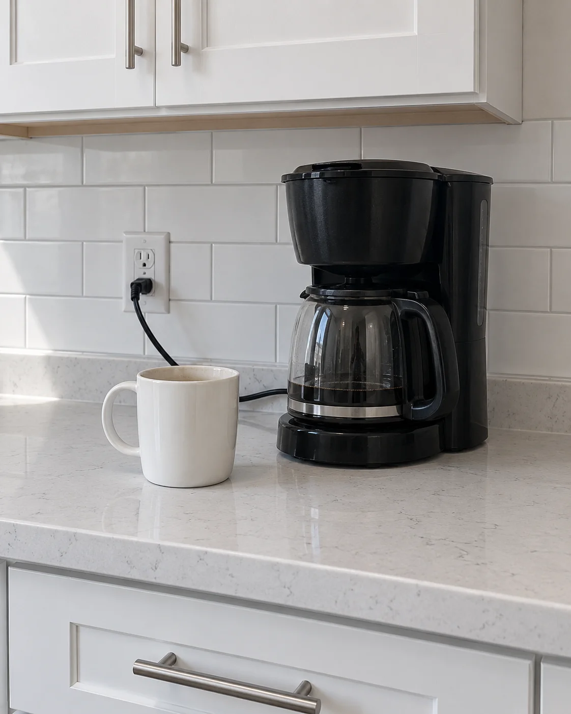 Concept detail of a coffee maker, mug and electrical outlet on a pale counter beneath white cabinets.