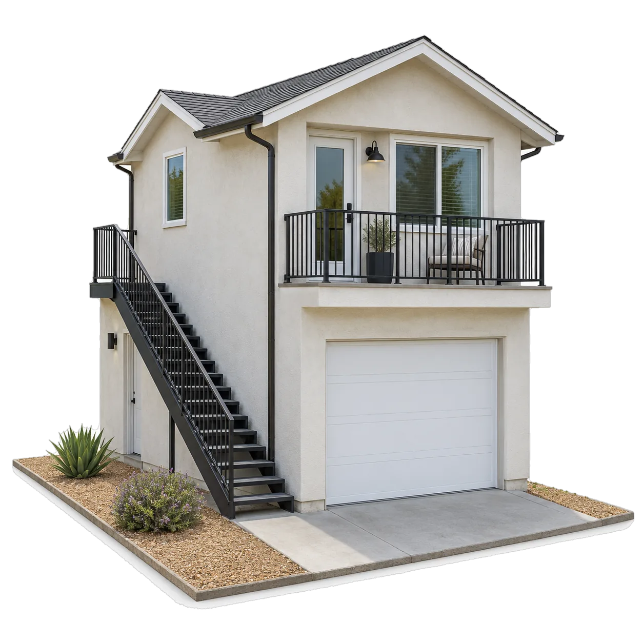 Concept image: a two-story ADU above a one-car garage, with an exterior stair and a small balcony.