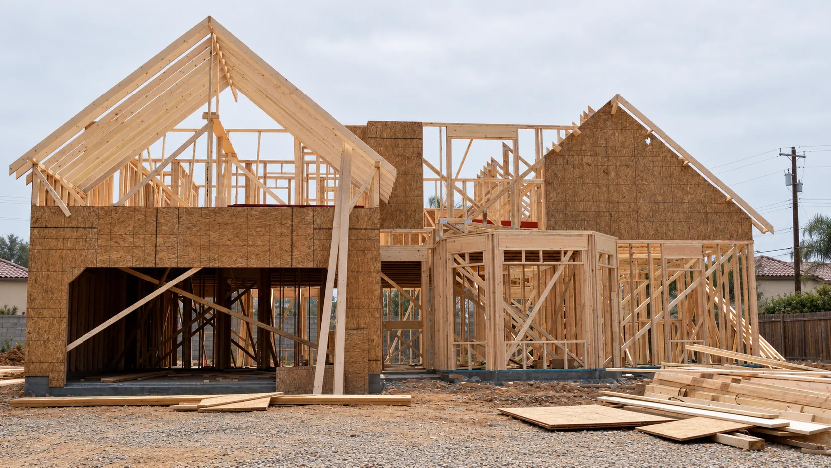 Concept: wood framing going up for a new building.
