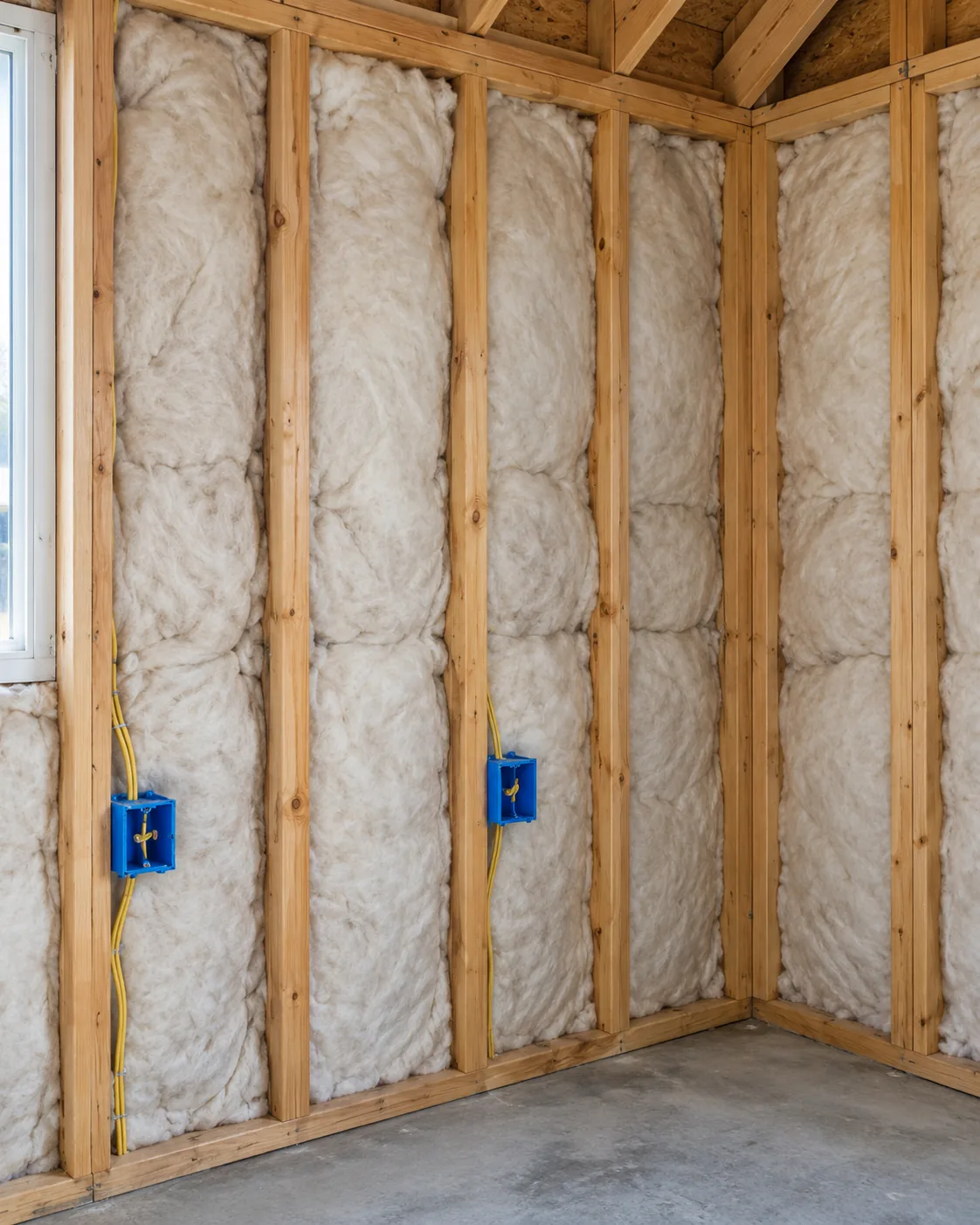Concept: a room before drywall, with insulation batts between wood studs and two blue electrical boxes.
