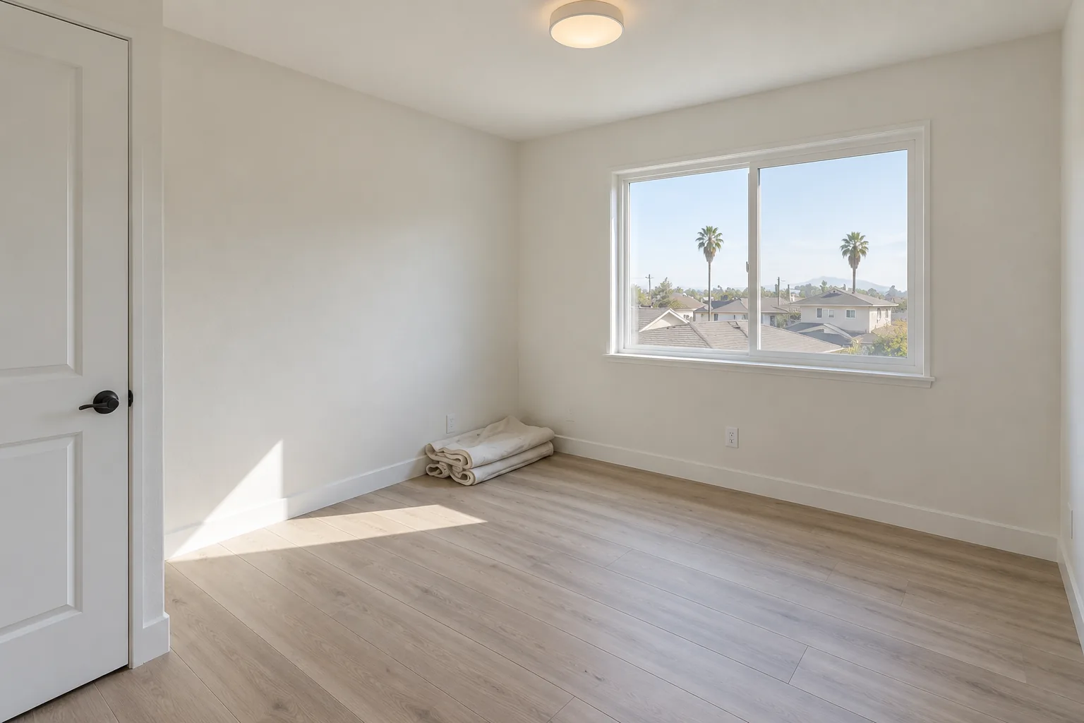 Concept: a finished bedroom with white walls, a new vinyl window, a light wood-look floor, a ceiling light and a folded drop cloth in a corner.