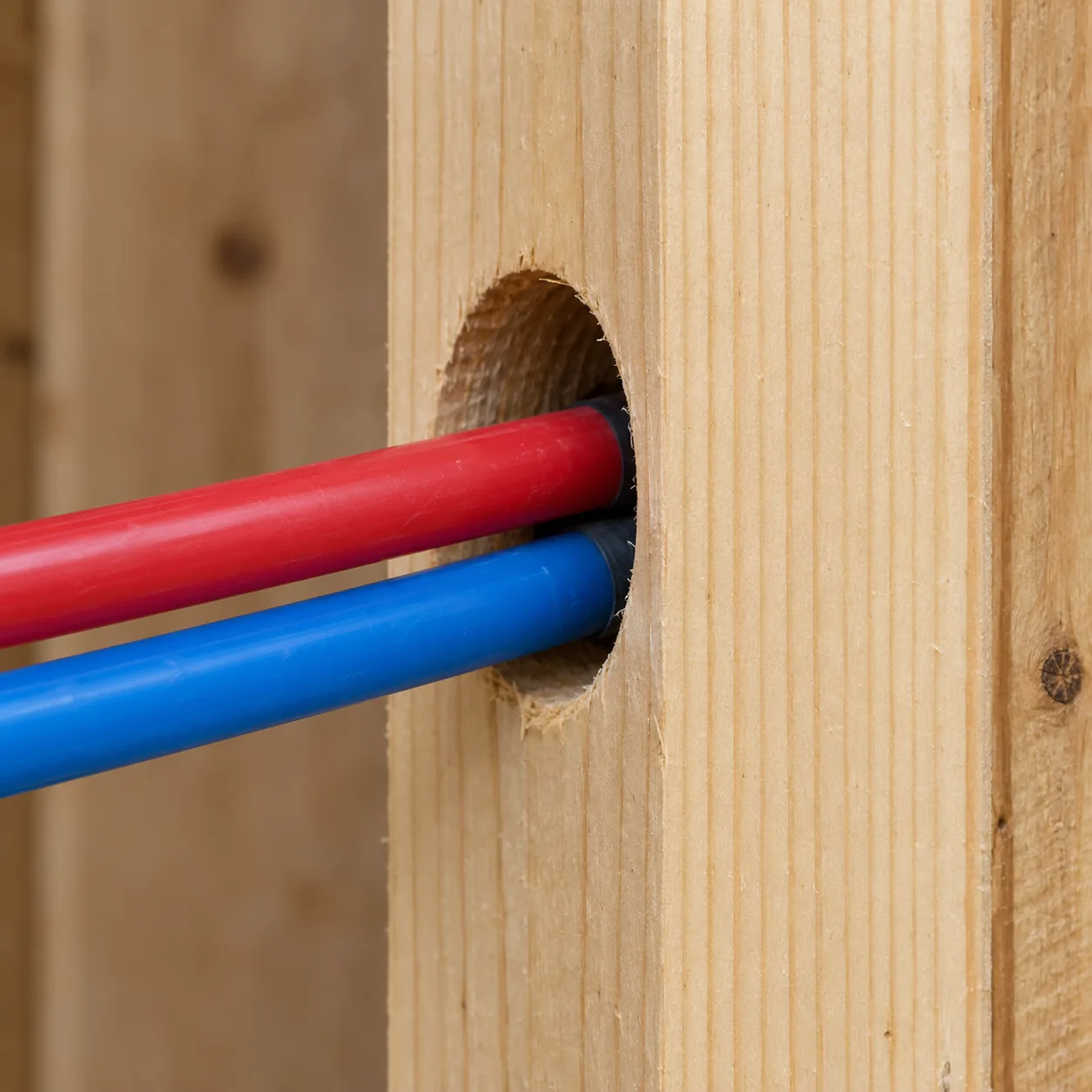 Concept: a new red and blue PEX water line passing through a drilled wood stud.