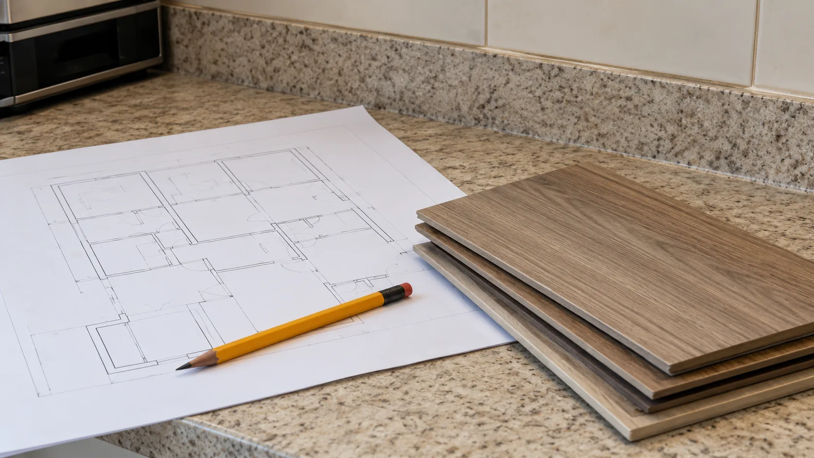 Concept: a printed floor plan with a pencil and a short stack of flooring samples on a laminate kitchen counter.