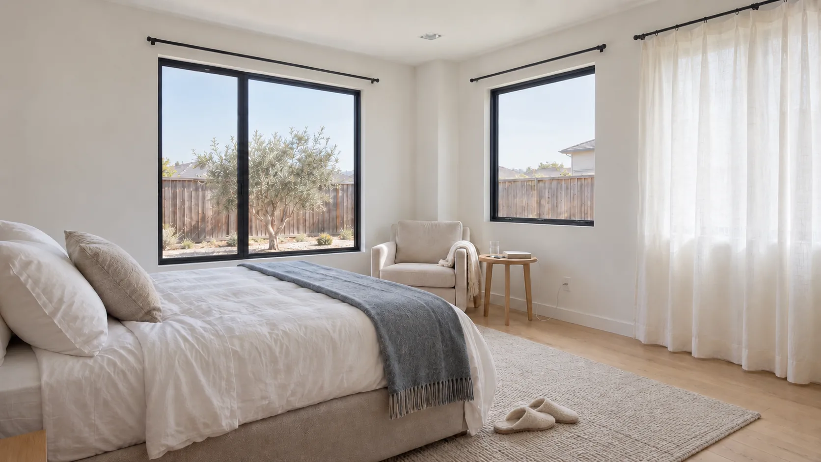 Concept: a quiet bedroom with white walls, a made bed, linen curtains and a large window.