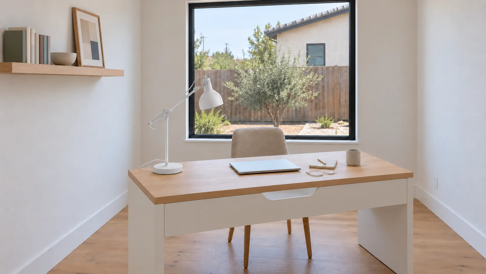 Concept: a small home office with a wood desk under a window, a white lamp and a notebook.